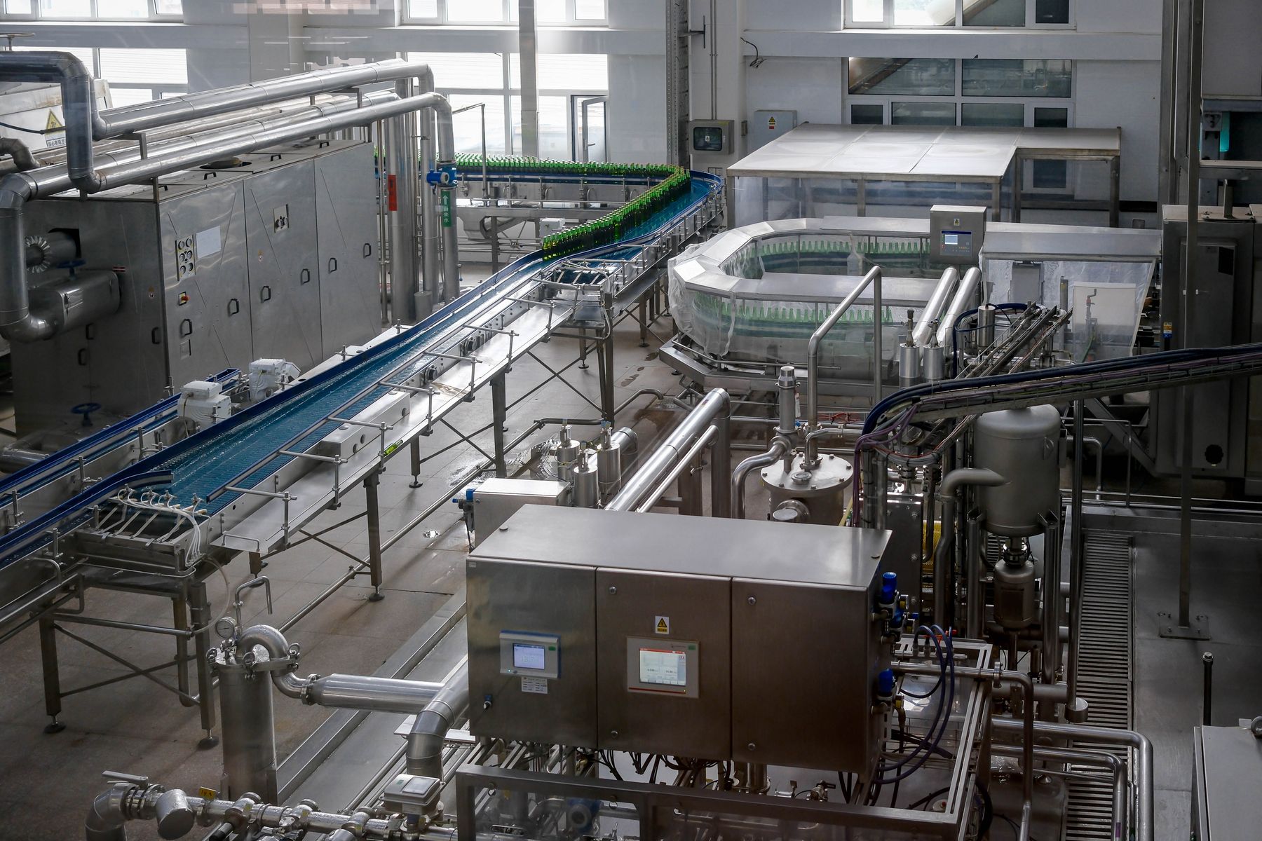Automated bottling line in a modern production facility